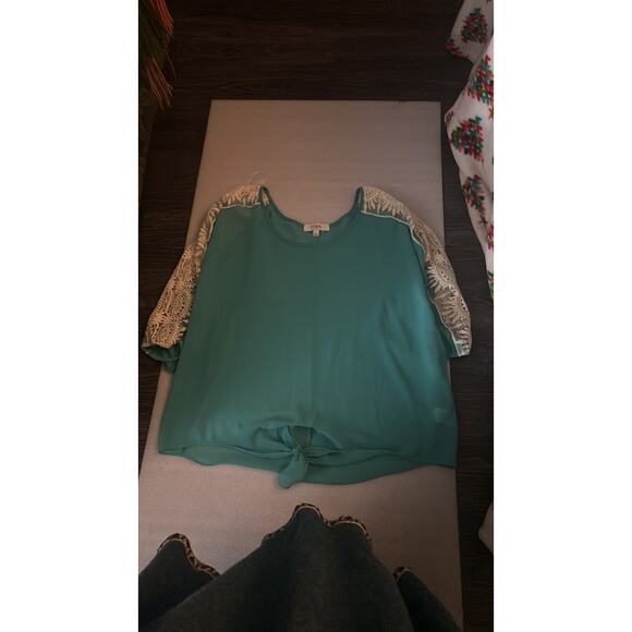 Umgee Split Sleeve Crochet Cold Shoulder Teal/White L Boho Concert Festival - Picture 7 of 13